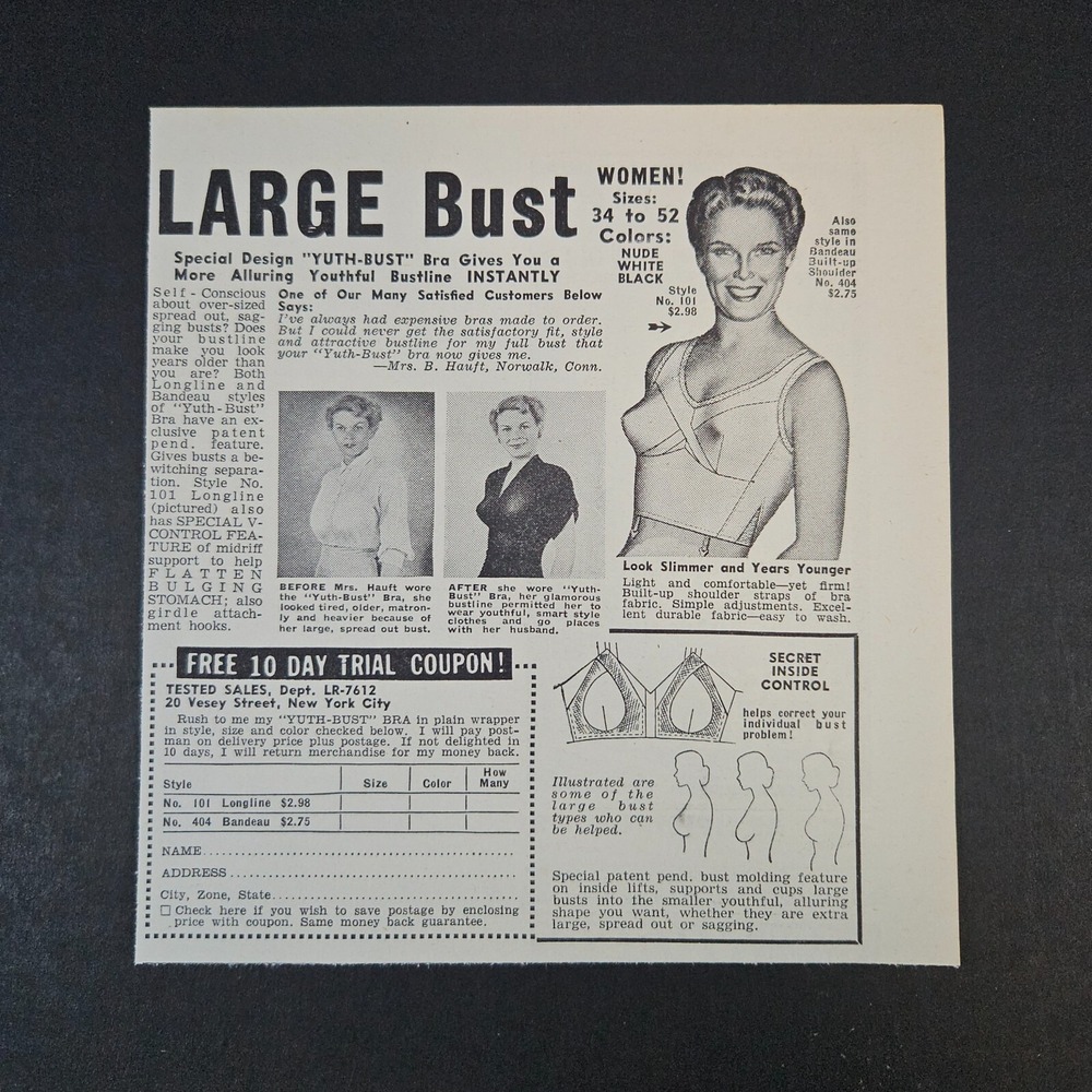1949‎ Yuth-Bust Bra Large Bustline Vintage Print Ad Look Slimmer 10 Day Trial